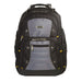 Targus Drifter backpack, front view on a white background. The bag is black nylon with gray accent panels and orange zipper pulls. Features visible include a rugged carry handle at the top, dual industrial zipper pulls on the main compartment, a metal Targus logo badge on the upper front panel, metal grommets along the front, a zippered front workstation pocket with gray paneling, and mesh side pockets. The water-resistant molded base is black.