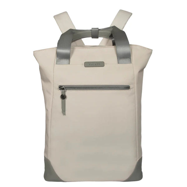 Cream-colored Targus Avila convertible tote/backpack with gray straps, front view