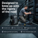 IT technician working in a server room beside the Targus Drifter backpack. Text reads 