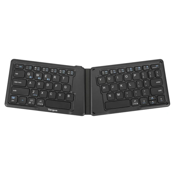 Targus Ergonomic Foldable Bluetooth EcoSmart Keyboard, opened into a V-shaped split layout, showing full QWERTY keys and Bluetooth pairing indicators